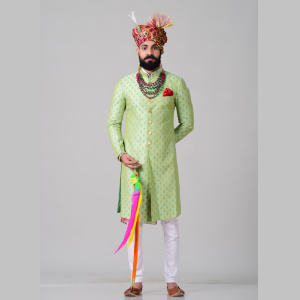 Maharaja Style Lime Green Brocade Silk Sherwani | Regal Ethnic Wear | Jaipurio